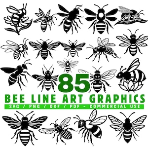 Könnte beinhalten: Eine Sammlung von 85 Schwarz-Weiß-Bienen-Linienkunst-Grafiken. Das Bild enthält verschiedene Bienenillustrationen mit dem Text "BEE LINE ART GRAPHICS" und Dateitypoptionen: SVG, PNG, DXF und PDF. Der Text lautet auch "COMMERCIAL USE".