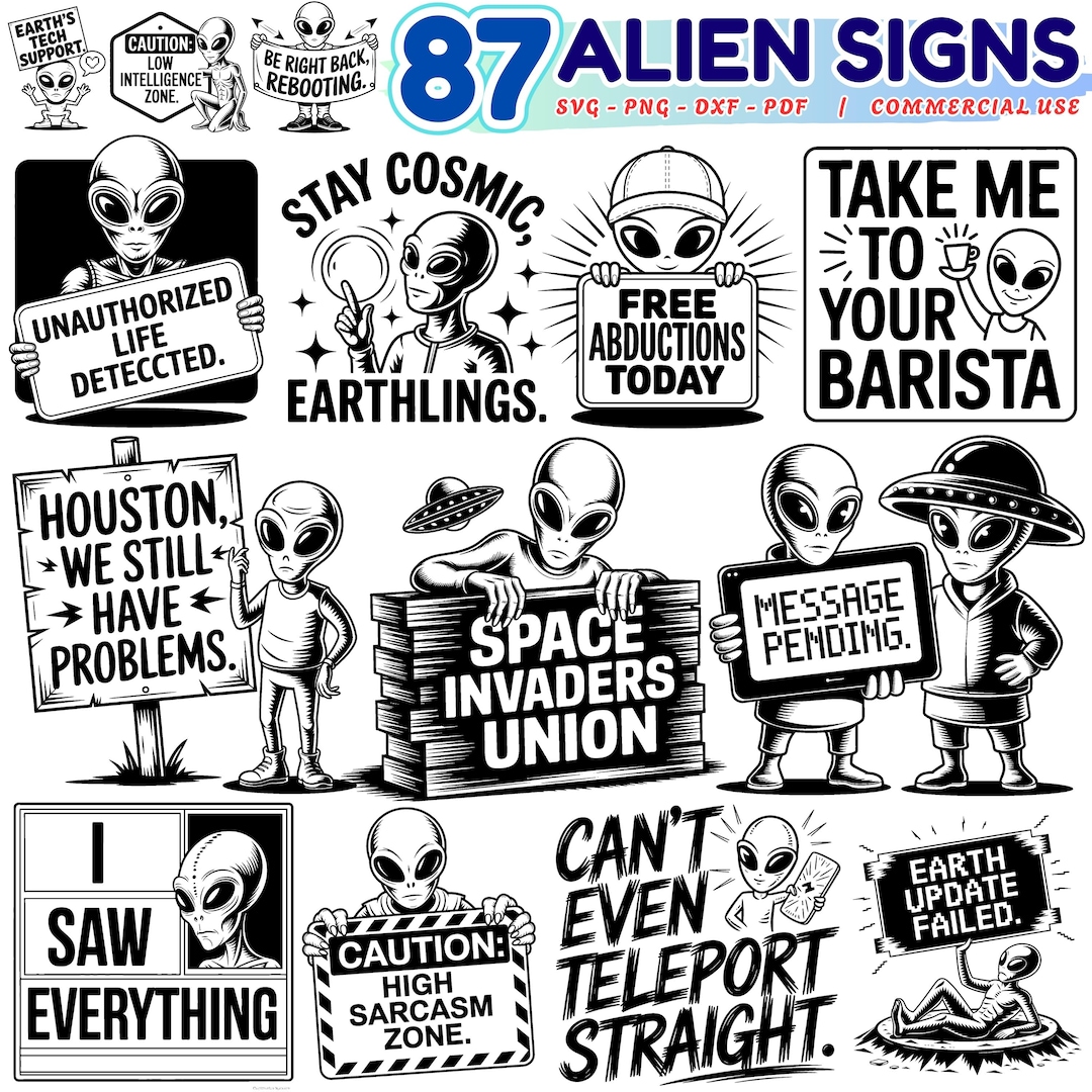 Alien Signs Svg Png Pdf & Dxf Bundle Featuring UFO Silhouettes ...