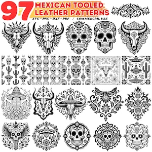Może przedstawiać: Kolekcja 97 meksykańskich wzorów na skórze w czerni i bieli. Wzory obejmują czaszki, czaszki byków, elementy kwiatowe oraz wzory z kaktusami i sombrero. Tekst brzmi "MEXICAN TOOLED LEATHER PATTERNS".