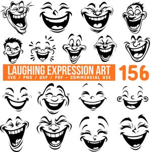 May include: A collection of 16 black and white laughing face illustrations. The image includes various expressions of laughter, with open mouths and visible teeth. Text in the image reads "LAUGHING EXPRESSION ART" and "156".