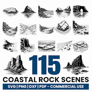 May include: Black and white illustrations of coastal rock scenes. The image features various depictions of rocks, cliffs, and water, with a total of 115 scenes. The text "COASTAL ROCK SCENES" and file type options are included.
