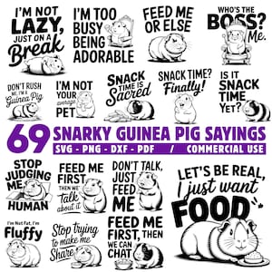 Może przedstawiać: Grafika cyfrowa z 69 złośliwymi powiedzeniami o świnkach morskich w czerni i bieli. Obraz zawiera ilustracje świnek morskich z frazami takimi jak "Feed me or else" i "Nie jestem leniwy, tylko na przerwie."