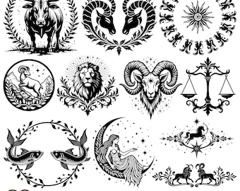 Zestaw ilustracji zwierząt zodiaku, horoskop (svg, png, pdf, dxf)