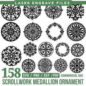 Disegni di medaglioni ornamentali con motivi a volute per incisione laser, file di medaglioni decorativi vintage scaricabili istantaneamente
