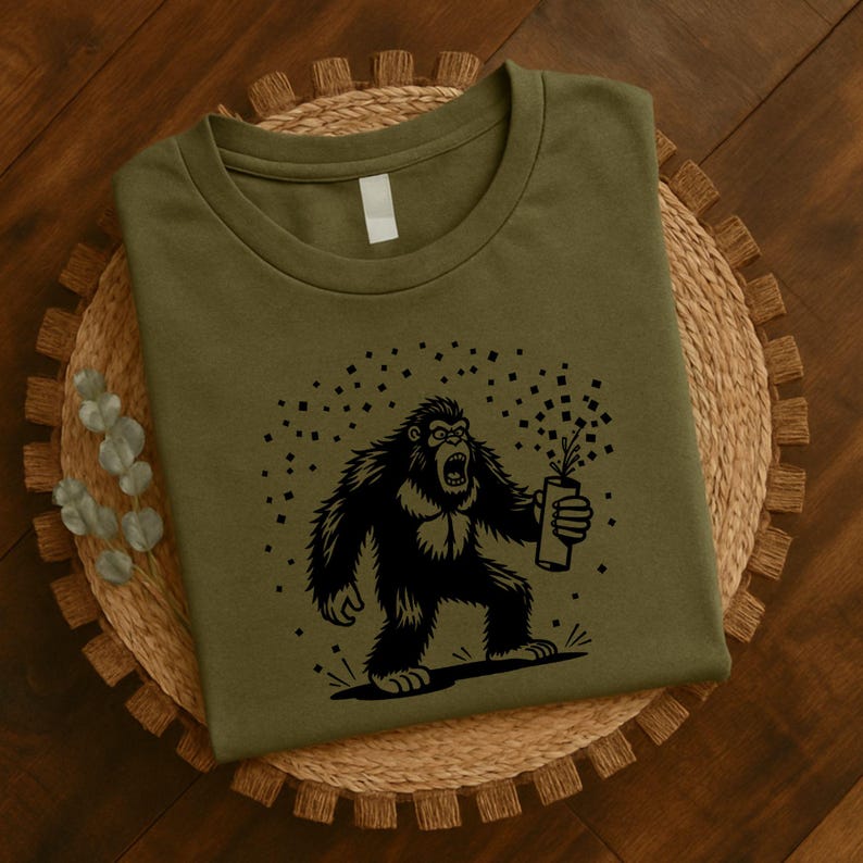 May include: Olive green t-shirt featuring a black graphic of a roaring Bigfoot holding a firecracker. The design includes a burst of confetti-like shapes. The shirt is displayed on a woven, circular placemat.