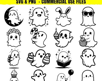 Chibi Ghost Clipart Bundle, Halloween Graphics (SVG, PNG, PDF Files