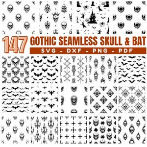 May include: A collection of 147 gothic seamless patterns featuring skulls and bats in black and white. The patterns include various skull designs, bat silhouettes, and gothic-style motifs. The image also includes the text "147 GOTHIC SEAMLESS SKULL & BAT".