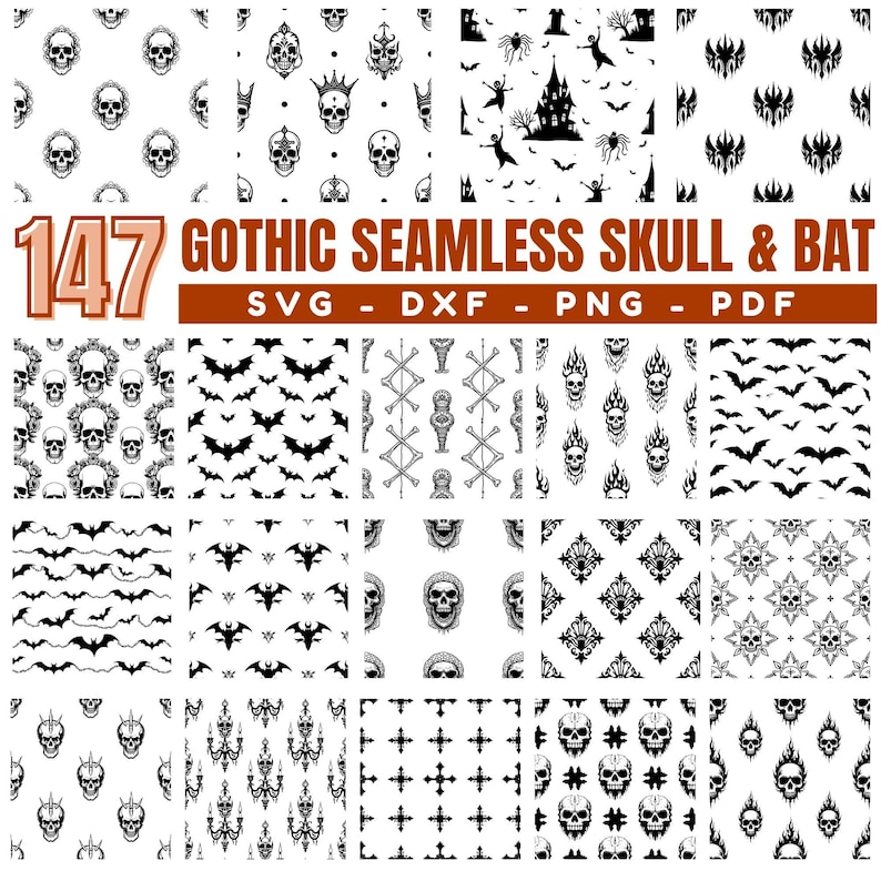 Gothic Skull Bat Seamless Pattern SVG Bundle, Dark Halloween Gothic ...