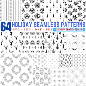 May include: A selection of 64 black and white holiday seamless patterns. The designs feature snowflakes, Christmas trees, reindeer, sweaters, bows, and floral motifs. The image includes the text "64 Holiday Seamless Patterns" and "Commercial Use."