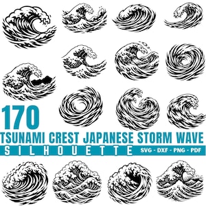 May include: A collection of black and white wave illustrations in various styles. The image includes the text "170 Tsunami Crest Japanese Storm Wave Silhouette" and file type options.