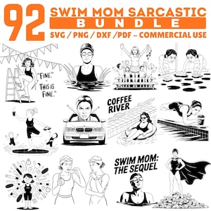 Pode incluir: Um pacote de ilustrações em preto e branco com o texto "Swim Mom Sarcastic Bundle". A imagem inclui várias ilustrações de mulheres em trajes de banho, nadando e outras atividades relacionadas. O pacote inclui arquivos SVG, PNG, DXF e PDF.