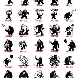May include: Collection of black and white gorilla illustrations in various poses. Gorillas are depicted holding gifts, balloons, birthday cakes, and banners with text. Each image is labeled with "File" and a number.