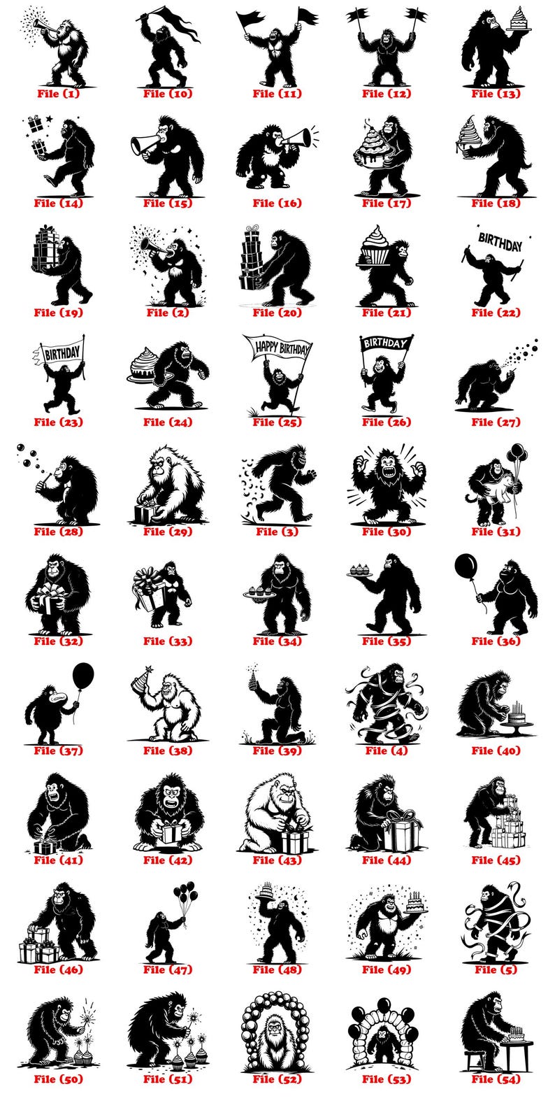 May include: Collection of black and white gorilla illustrations in various poses. Gorillas are depicted holding gifts, balloons, birthday cakes, and banners with text. Each image is labeled with "File" and a number.