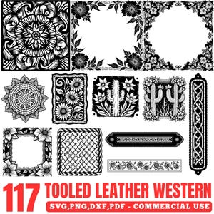 May include: A collection of 117 black and white tooled leather western designs. The designs include floral frames, cactus motifs, and decorative borders. The text at the bottom reads "117 Tooled Leather Western" with file type information.