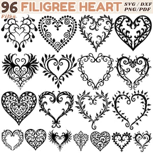 Könnte beinhalten: Sechzehn schwarze Filigranherz-Designs mit verschiedenen, komplizierten Mustern. Die Herzen weisen Wirbel, Blätter und dekorative Elemente auf. Der Text "96 FILIGREE HEART" steht oben, mit "SVG/DXF PNG/PDF" rechts.