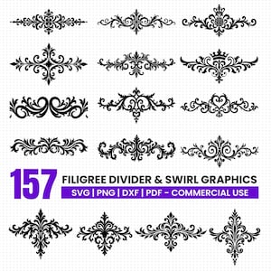 May include: A collection of 157 black filigree divider and swirl graphics. The designs include various ornate floral and scroll patterns. The text in the image reads "FILIGREE DIVIDER & SWIRL GRAPHICS" and "SVG | PNG | DXF | PDF - COMMERCIAL USE".