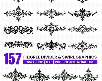 Paquete de gráficos de filigrana divisoria y espirales (SVG, PNG, PDF y DXF) descargas instantáneas