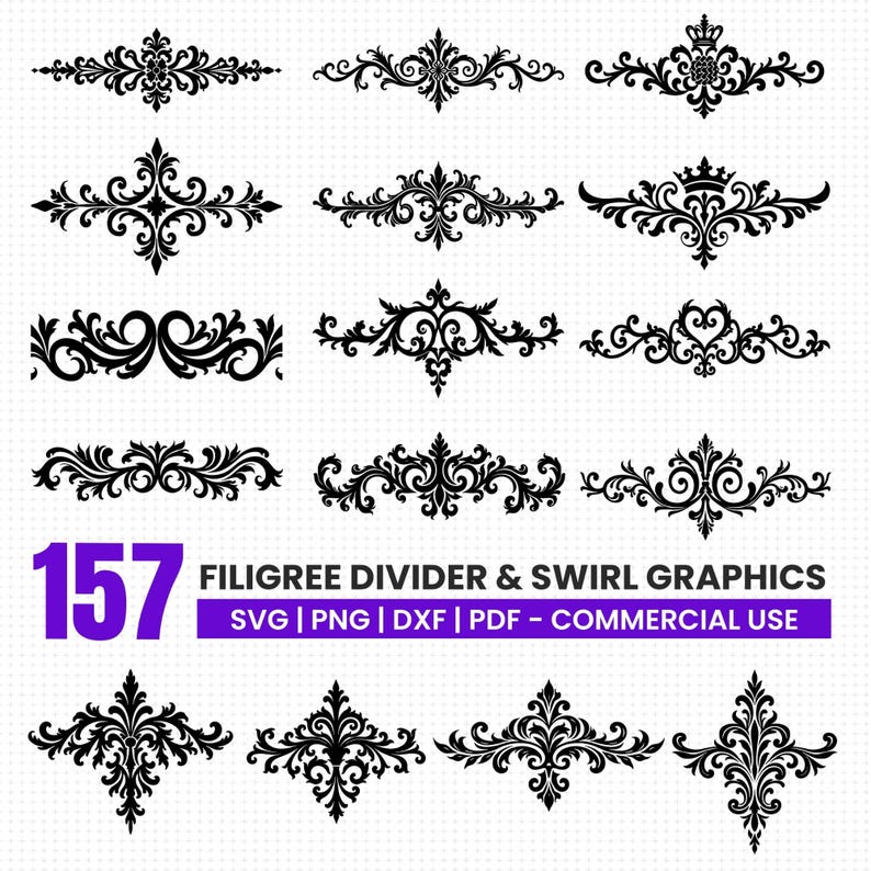 Filigree Divider and Swirl Graphics Svg Png Pdf & Dxf Bundle Instant ...