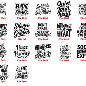 May include: A collection of black and white text designs with various quotes about introversion and social distancing. Phrases include "Leave me alone, I'm thinking," "Fluent in silence," and "Social Distancing Expert."