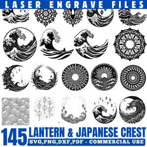May include: A collection of 145 laser-engraved designs, including Japanese crests, lanterns, and wave patterns. The designs are in black and white and are available in SVG, PNG, DXF, and PDF formats for commercial use.