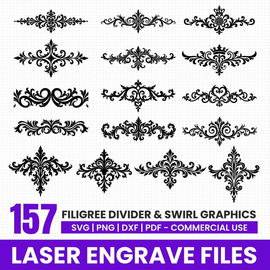 Laser Engrave Files Filigree Divider Swirl Svg Png Pdf & Dxf Bundle ...