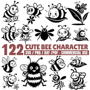 May include: A collection of 122 cute bee character designs in black and white. The image includes various bee illustrations with different expressions and poses, along with the text "CUTE BEE CHARACTER" and file format options.