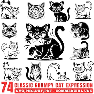 Puede incluir: Una colección de ilustraciones en blanco y negro de gatos gruñones en varias poses. La imagen incluye el texto "74 CLASSIC GRUMPY CAT EXPRESSION" e información de tipo de archivo: SVG, PNG, DXF, PDF - COMMERCIAL USE.