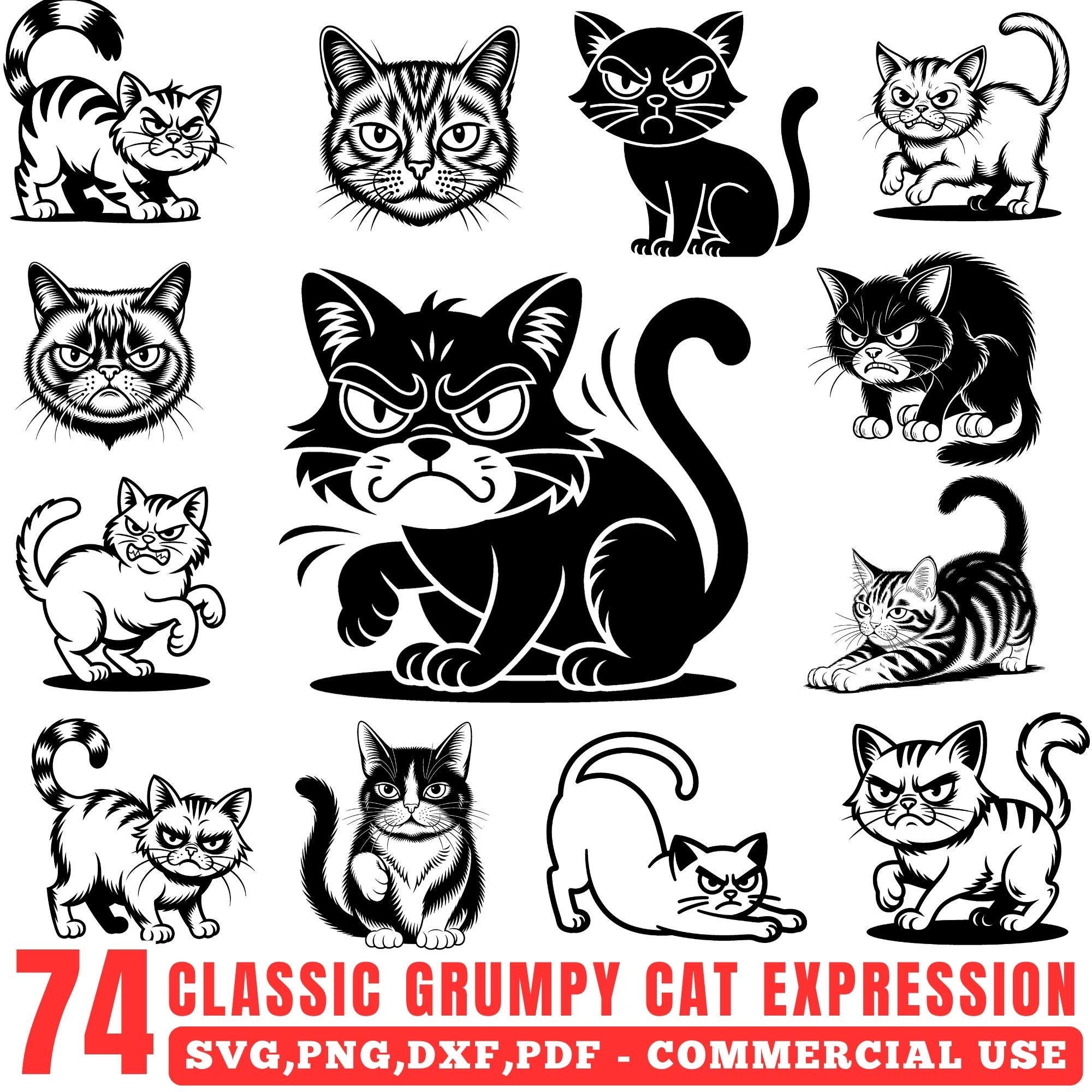 Grumpy Cat Script Classic Cartoon Grumpy Cat Expression Svg Png Pdf & Dxf Bundle Instant ...