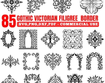 Pakiet gotycko-wiktoriańskich filigranowych ramek SVG, ozdobne symbole obramowania do projektów grawerowania laserowego, natychmiastowe pobieranie