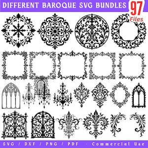 Peut inclure: Une collection de motifs SVG baroques noirs, comprenant des cadres ornés, des motifs circulaires et des motifs floraux. L'image présente divers éléments décoratifs adaptés aux projets de design numérique. Le texte en haut indique "DIFFERENT BAROQUE SVG BUNDLES" et "97 Files".