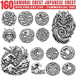 Puede incluir: Una colección de 160 diseños de crestas japonesas y samuráis en blanco y negro. Los diseños incluyen caras de samuráis, patrones de olas arremolinadas y otros motivos tradicionales japoneses. El texto en la parte superior dice "SAMURAI CREST JAPANESE CREST" y "SVG, PNG, DXF, PDF - COMMERCIAL USE."