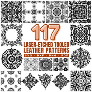Może przedstawiać: Kolekcja 117 laserowo grawerowanych wzorów skóry w kolorze czarno-białym. Wzory obejmują wzory kwiatowe, geometryczne i mandale. Obraz zawiera również typy plików: SVG, DXF, PNG i PDF.