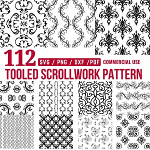 May include: A selection of 112 black and white tooled scrollwork patterns. The designs feature floral and geometric motifs. The image includes the text "SVG / PNG / DXF / PDF COMMERCIAL USE".