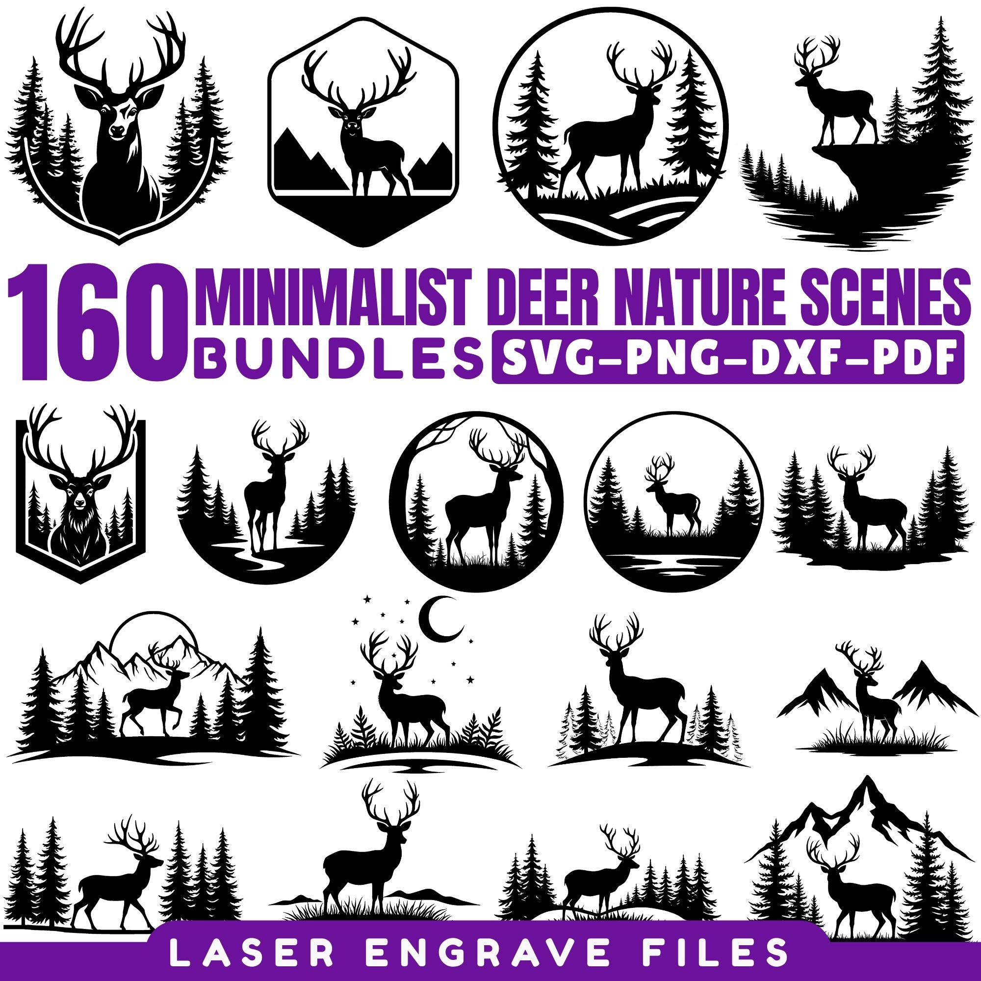 Minimalist Deer Nature Scenes SVG Bundle for Laser Engraving, Wildlife ...