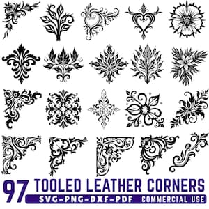 Könnte beinhalten: Eine Sammlung von 97 schwarzen, verzierten Eckdesigns für Lederarbeiten. Das Bild zeigt verschiedene Blumen- und Scrollmuster, mit dem Text "97 TOOLED LEATHER CORNERS" und Dateitypoptionen: SVG-PNG-DXF-PDF.