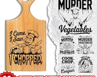 Può includere: Un tagliere in legno con manico, con una grafica di chef e la scritta "I Came. I Saw. I Chopped." Ulteriori disegni includono le frasi "This is where I Murder Vegetables" e "This is my Chopping Zone."