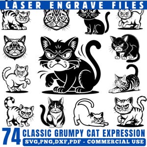 May include: A collection of 12 black and white illustrations of grumpy cats in various poses. The image includes the text "LASER ENGRAVE FILES" and "74 CLASSIC GRUMPY CAT EXPRESSION SVG, PNG, DXF, PDF - COMMERCIAL USE".