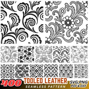 Puede incluir: Una colección de 400 patrones sin costuras en blanco y negro, con diseños florales y ornamentales. Los patrones incluyen varios estilos de flores, hojas y motivos arremolinados, adecuados para proyectos de cuero repujado. La imagen también incluye el texto "TOOLED LEATHER" y "SVG, PNG, PDF & DXF".