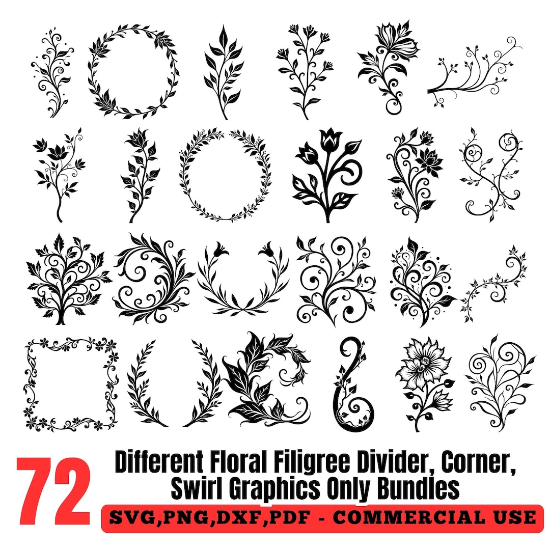 Floral Filigree Divider Corner and Swirl Graphics Svg Png Pdf & Dxf ...