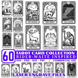 May include: A set of 60 Rider-Waite inspired tarot card designs in black and white. Each card features detailed illustrations and titles such as "The Stone," "The Wolf," and "The Stag." The image also includes text: "TAROT CARD COLLECTION RIDER-WAITE INSPIRED".