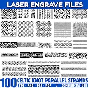Op de afbeelding: Een digitaal ontwerp met 100 parallelle strengen Keltische knopen in zwart en wit. De afbeelding bevat verschillende knooppatronen en randen, geschikt voor lasergraveren. Tekst bovenaan luidt "LASER ENGRAVE FILES" en onderaan "100 CELTIC KNOT PARALLEL STRANDS".