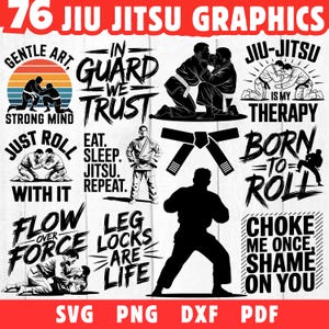 Może przedstawiać: Zbiór 76 grafik Jiu-Jitsu z ilustracjami sztuk walki i motywacyjnymi cytatami. Projekty zawierają tekst "76 JIU JITSU GRAPHICS". Formaty plików: SVG, PNG, DXF i PDF.