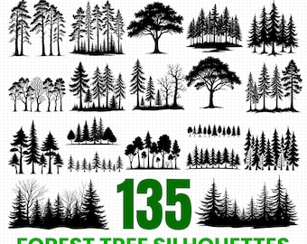 Pakiet sylwetek drzew leśnych w formacie SVG, PNG, PDF i DXF do natychmiastowego pobrania w celu wykonania prac z winylu