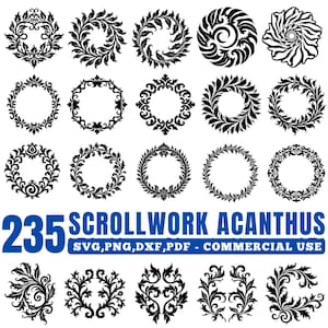May include: A collection of 235 scrollwork and acanthus designs in black. The designs include circular wreaths, floral patterns, and decorative elements. Text in the image reads "SCROLLWORK ACANTHUS" and "SVG, PNG, DXF, PDF - COMMERCIAL USE."