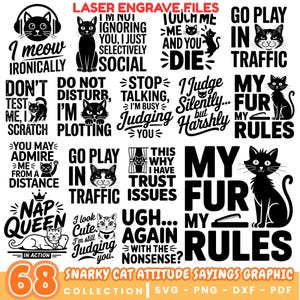 May include: A graphic featuring various black cat-themed quotes and illustrations. Phrases include "I meow ironically," "Go play in traffic," and "Nap Queen." The design is suitable for laser engraving and includes the text "Snarky Cat Attitude Sayings Graphic Collection."