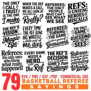 Könnte beinhalten: Eine Sammlung von 79 Basketball-Schiedsrichtersprüchen in Schwarz und Weiß, mit Sätzen wie "Die Vision des Schiedsrichters" und "Jedes Spiel braucht einen Helden". Enthält SVG-, PNG-, DXF- und PDF-Formate.