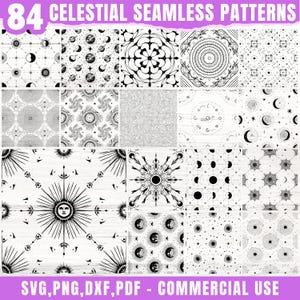 以下が含まれることがあります： 黒と白の84のシームレスな天体パターン集。パターンは、月、星、太陽、その他の天体のデザインを特徴としています。画像には「84 CELESTIAL SEAMLESS PATTERNS」と「SVG、PNG、DXF、PDF - COMMERCIAL USE」というテキストが含まれています。