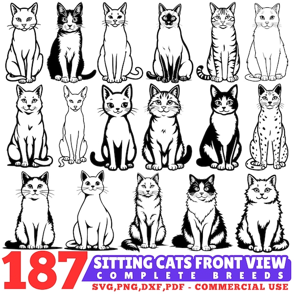 Sitting Cats Breeds SVG Bundle, Feline Silhouettes (Digital Download)