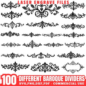 Peut inclure: Une collection de 100 séparateurs baroques noirs avec divers motifs ornés. L'image comprend le texte "LASER ENGRAVE FILES" et "100 DIFFERENT BAROQUE DIVIDERS" avec les formats de fichiers: SVG, PNG, DXF, PDF - COMMERCIAL USE.