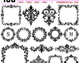 Baroque Monogram Frame Collection, Ornate Etched Borders Svg Png Pdf & Dxf Bundle instant downloads